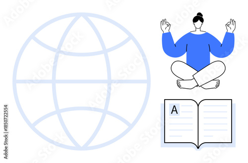 Global education, mindfulness, online learning, personal growth, mental focus, wellness. Minimalist globe, meditating person open book. Global education and mindfulness concepts