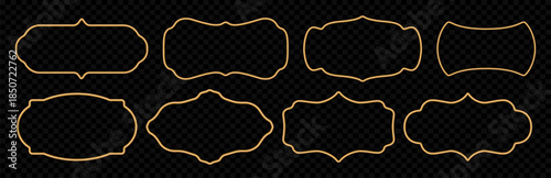 Gold 3d frames set. Ornate vintage golden borders, luxury metallic badges, elegant 3D shapes, windows, vignettes, stamps, certificate frames in oriental style, decorative elements. Vector illustration