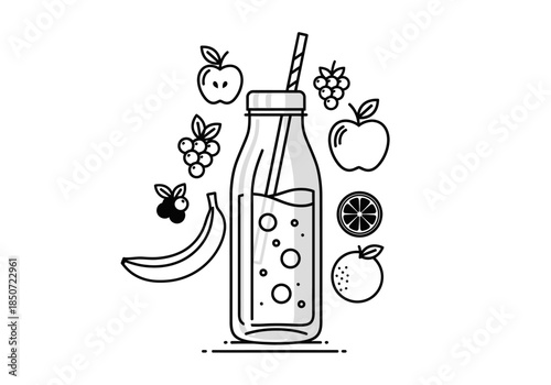 Vector illustration of smoothie bottle with fruit symbols, health drink concept, clipart style vector