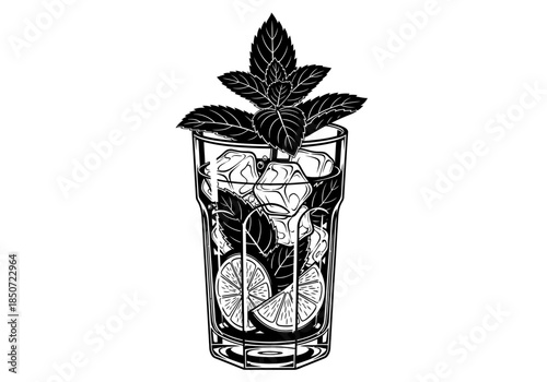 Vector illustration of mojito glass with mint and lime, summer cocktail theme, clipart style vector