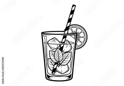 Vector illustration of lemonade glass with straw and mint leaves, refreshing drink style, clipart style vector