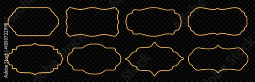Golden 3d frame set. Ornamental oriental style border, Islamic window shape, Muslim certificate frames, badges, luxury decorative elements. Vector realistic Indian gold metallic decorative shapes