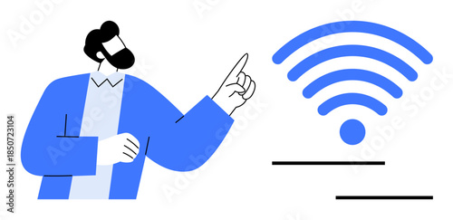 Man pointing at strong wireless signal graphic, conveying wireless connectivity. Ideal for network access, communication, technology, internet usage, remote work, online learning, digital connection
