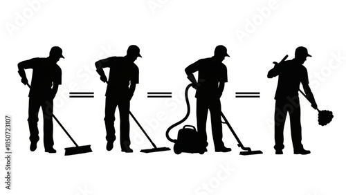 Black Cleaning Worker Silhouette Vector Set Showing Sweeping Mopping Vacuuming Dusting Tasks