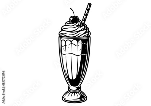 Vector illustration of a milkshake in a tall glass with whipped cream, retro drink theme, clipart style vector