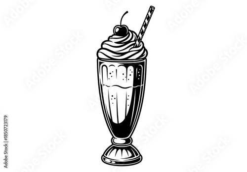 Vector illustration of a milkshake in a tall glass with whipped cream, retro drink theme, clipart style vector