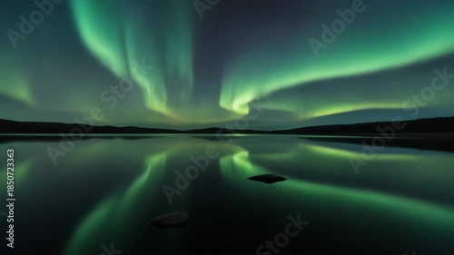 Vibrant Aurora Borealis Reflecting on Calm Lake at Night, Northern Lights Display