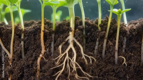 Close-up of seedling growth, roots developing in dark soil, time-lapse concept