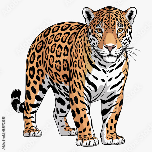 A vividly illustrated jaguar showcases its striking coat and powerful physique, emphasizing the beauty and majesty of wildlife in a natural setting surrounded by lush greenery.