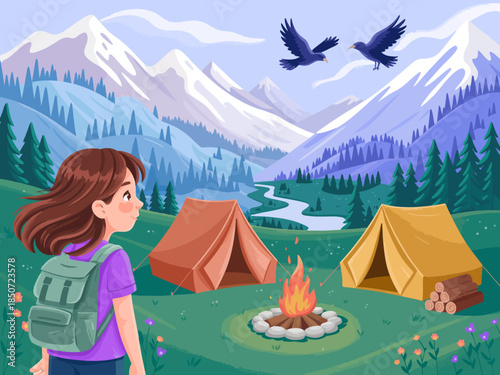 A serene illustration depicting a young girl enjoying the great outdoors by a campfire near tents, encapsulating the experience of connection with nature and adventure.