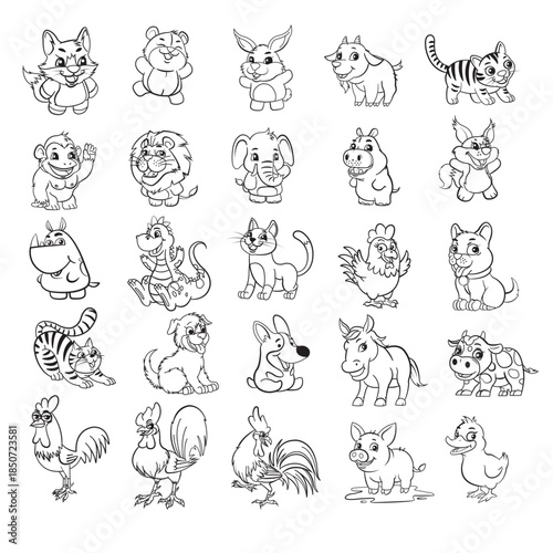 A large collection of cute cartoon animal characters in black and white line art style, including farm animals, pets, and liars, suitable for children's coloring books, education and stickers