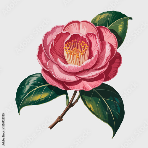 A stunning pink camellia flower is depicted in full bloom with lush green leaves, representing beauty, nature, and the elegance found in floral artistry and design.