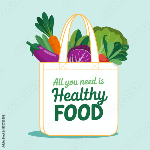 A vibrant reusable bag filled with a variety of fresh and healthy food items represents a commitment to wellness and sustainability in a colorful and artistic design.
