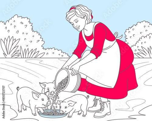 A woman in a red dress joyfully feeds three hungry piglets outdoors, symbolizing care for animals and the bond between humans and nature in a charming countryside setting.