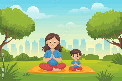 A mother and her child practice mindfulness together in a lush green park, sharing peaceful moments of connection, serenity, and the beauty of nature around an urban landscape.