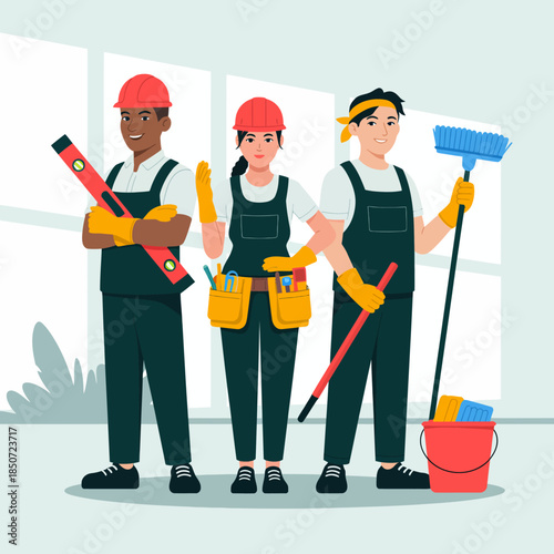 A cheerful team of diverse cleaners equipped with tools is depicted, showcasing teamwork and professionalism while emphasizing the importance of cleanliness and responsibility.