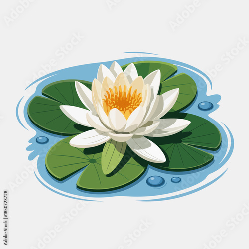 An exquisite illustration of a white water lily with vibrant green leaves floating on calm water, symbolizing peace, serenity, and beauty in nature's delicate ecosystems.