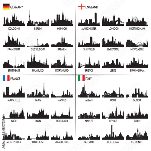 Collection of European city skyline silhouettes featuring major cities from Germany, England, France, and Italy in clean black vector style, ideal for travel, design, and branding projects