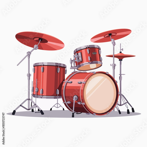 A striking red drum set is presented in a sleek artistic style, perfectly designed for musical performances, showcasing its polished exterior and vibrant color.