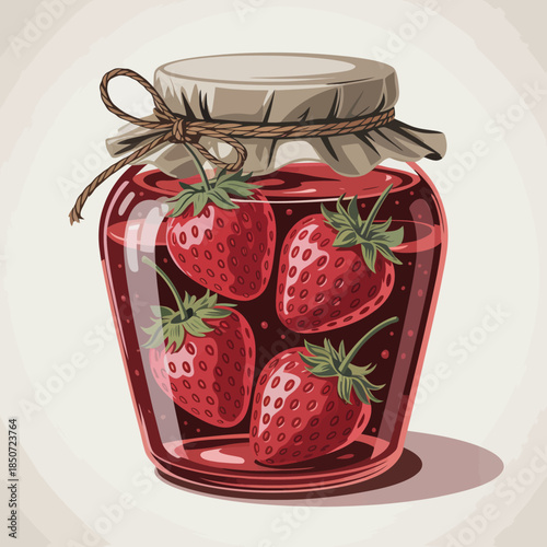A beautifully designed jar of strawberry jam is showcased with fresh strawberries inside, emphasizing homemade goodness, sweetness, and culinary artistry in a rustic aesthetic.