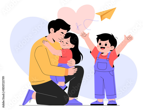 A heartwarming illustration of a father embracing his daughter, while his son joyfully celebrates with open arms, showcasing family love and connection in a colorful setting.