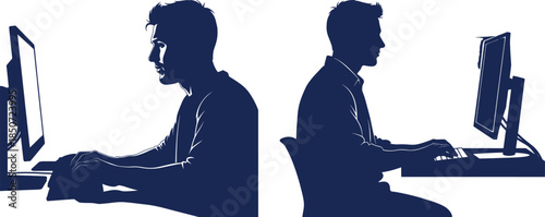 Silhouettes of Professional Men Working at Computer Desks in Modern Office or Home Workspace