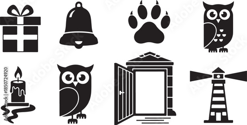 Assorted Black Silhouette Icons for Gifts Animals and Lighthouse Keywords: gift, present, box, ribbon, bow, bell, ringing, paw print, animal track, dog, cat, owl, bird, wise, nocturnal, candle
