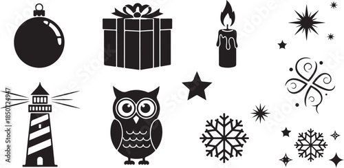 Assortment of black and white graphic icons including a lighthouse, owl, and festive ornaments Keywords: icons, graphic, black and white, lighthouse, owl, ornament, gift, candle, star, snowflake