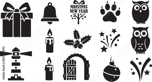 Collection of Christmas and New Year Holiday Icons and Silhouettes gift present