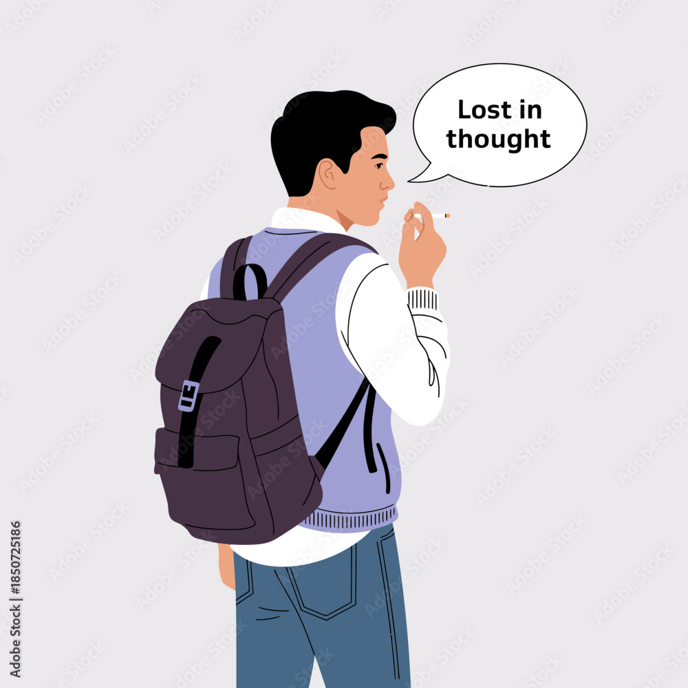 Fototapeta premium This digital illustration portrays a young man deep in thought, holding a cigarette, symbolizing introspection and contemplation while dressed casually with a backpack.