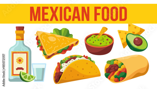 An appealing arrangement of popular Mexican dishes, including tacos, guacamole, and margaritas, representing the rich culinary traditions of Mexico and its vibrant flavors.