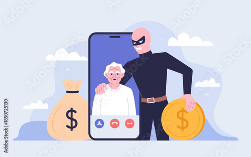 A sinister figure appears next to an elderly person on a phone screen, representing the growing threats of scamming, highlighting the vulnerability of seniors today.