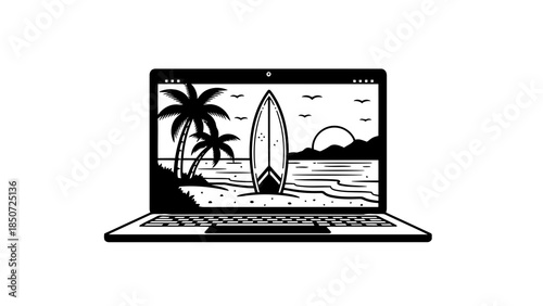 Laptop displaying a tropical beach scene with surfboard, palm trees, and ocean sunset
