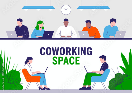 This professional image captures a diverse group of individuals deeply engaged in work at a stylish coworking space, illustrating collaboration and modern work dynamics.