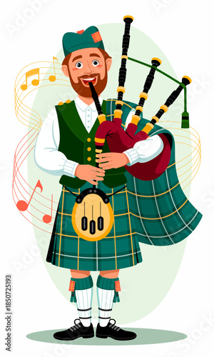 An illustration depicting a piper dressed in traditional Scottish attire playing bagpipes, capturing the essence of Scottish culture and musical heritage with vibrant colors and cheer.