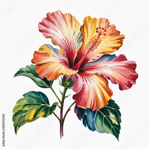 This stunning illustration showcases a large, colorful hibiscus flower blooming with vivid hues, representing tropical beauty and natural elegance in botanical art.