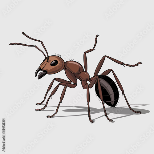 A highly detailed cartoon representation of an ant, showcasing its intricate features in a playful style, ideal for educational or humorous content relating to insects.