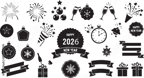 Happy New Year 2026 Celebration Icons and Symbols with Gifts and Ornaments Keywords: happy new year, 2026, celebration, new year, gift, ornament, champagne, fireworks, clock, bell, ribbon