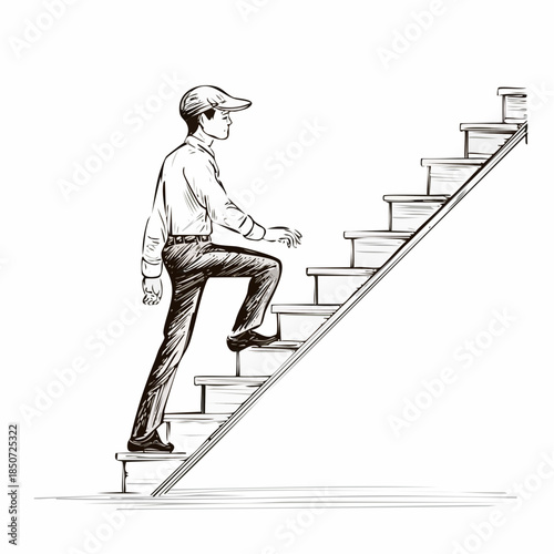 Hand drawing business concept sketch of man climbing on corporate career ladder