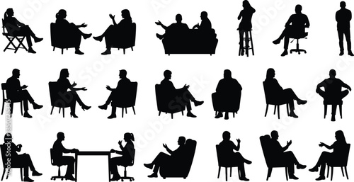 Sitting people silhouette collection, conversation poses, interview and meeting illustration set, relaxed seated figures, communication and discussion graphic bundle