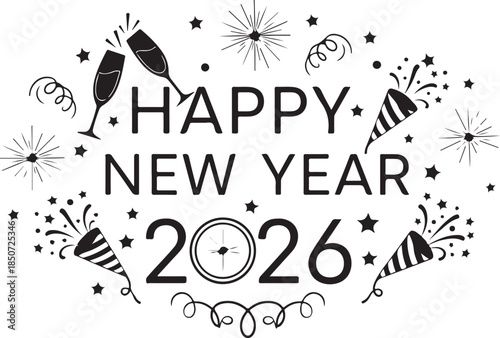 Happy New Year 2026 celebration with champagne glasses and party poppers Keywords: happy new year, 2026, celebration, new year's eve, party, champagne, glasses, toast, poppers, confetti, fireworks