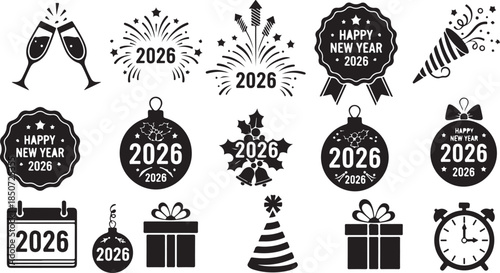 Happy New Year 2026 Celebration Icons with Ornaments, Gifts, and Festive Symbols champagne glasses