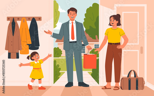 A cheerful family scene where a father arrives home from work to a warm welcome from his wife and daughter, capturing a moment of love and connection.