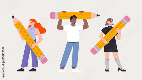 Three diverse characters passionately engage in creativity, each holding a giant pencil, symbolizing artistic expression and collaboration in a friendly atmosphere.