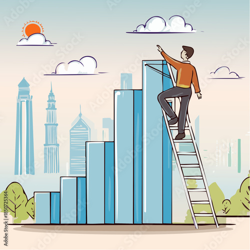 Hand drawing business concept sketch of man climbing on corporate career ladder