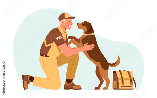 A warm and heartwarming scene showing a postman kneeling down to embrace a happy dog, illustrating the strong bond between humans and animals in the workplace and daily life.