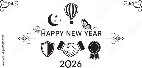 Happy New Year 2026 Decorative Elements with Hot Air Balloon and Handshake Keywords: happy new year, 2026, decorative, elements, hot air balloon, moon, stars, butterfly, shield, handshake, ribbon