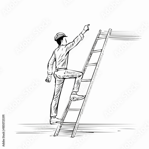 Hand drawing business concept sketch of man climbing on corporate career ladder