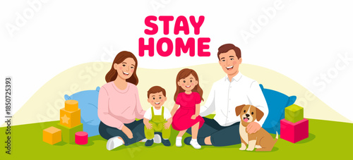 A happy family of four is depicted enjoying playful moments at home, celebrating togetherness and love in a colorful, inviting atmosphere filled with joy.