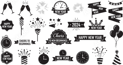 Happy New Year Celebration Icons and Symbols with Clocks and Fireworks Keywords: happy new year, celebration, new year, 2024, clock, fireworks, champagne, party popper, balloons, banner, garland